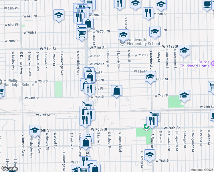 map of restaurants, bars, coffee shops, grocery stores, and more near 1427 West 73rd Place in Chicago