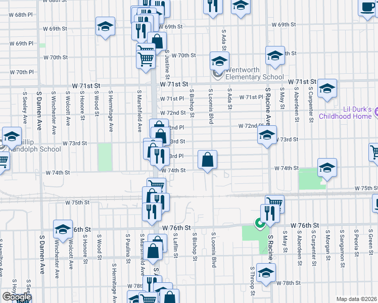 map of restaurants, bars, coffee shops, grocery stores, and more near 1471 West 73rd Place in Chicago