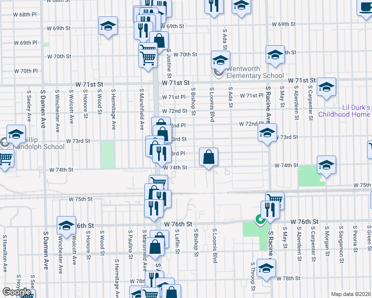 map of restaurants, bars, coffee shops, grocery stores, and more near 1471 West 73rd Place in Chicago