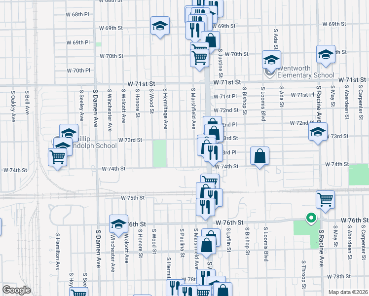 map of restaurants, bars, coffee shops, grocery stores, and more near 7343 South Paulina Street in Chicago