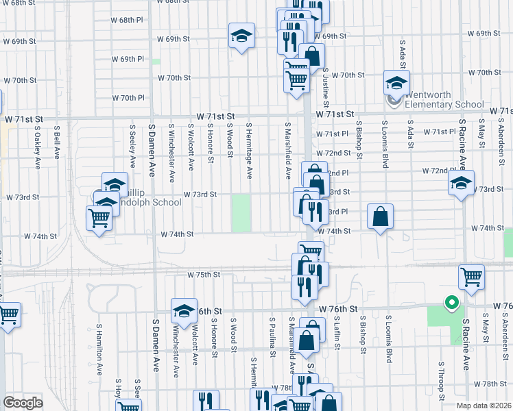 map of restaurants, bars, coffee shops, grocery stores, and more near 7339 South Hermitage Avenue in Chicago