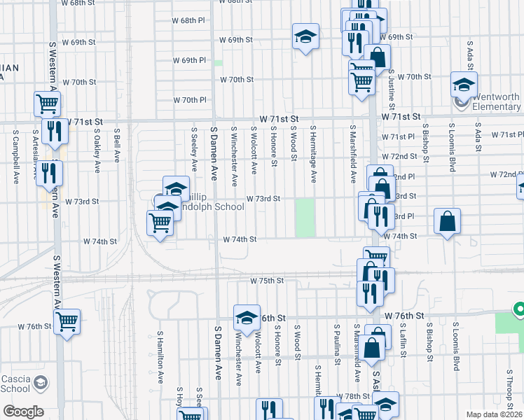 map of restaurants, bars, coffee shops, grocery stores, and more near 7339 South Wolcott Avenue in Chicago