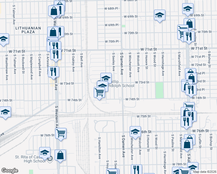 map of restaurants, bars, coffee shops, grocery stores, and more near 7338 South Seeley Avenue in Chicago