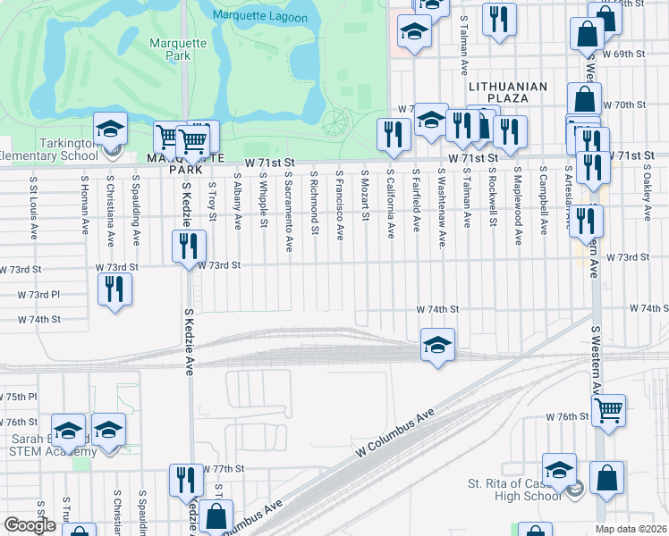 map of restaurants, bars, coffee shops, grocery stores, and more near 7327 South Richmond Street in Chicago