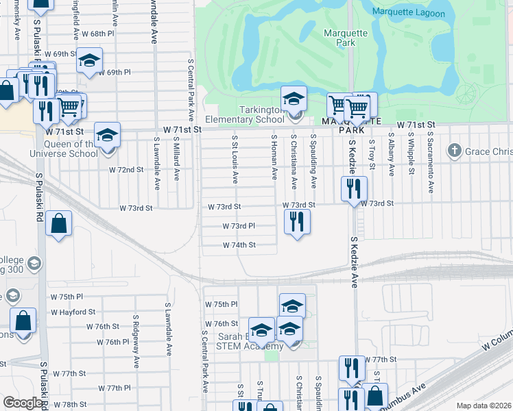 map of restaurants, bars, coffee shops, grocery stores, and more near 3448 West 73rd Place in Chicago
