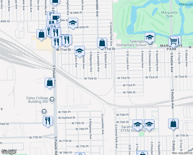 map of restaurants, bars, coffee shops, grocery stores, and more near 3701 West 73rd Street in Chicago