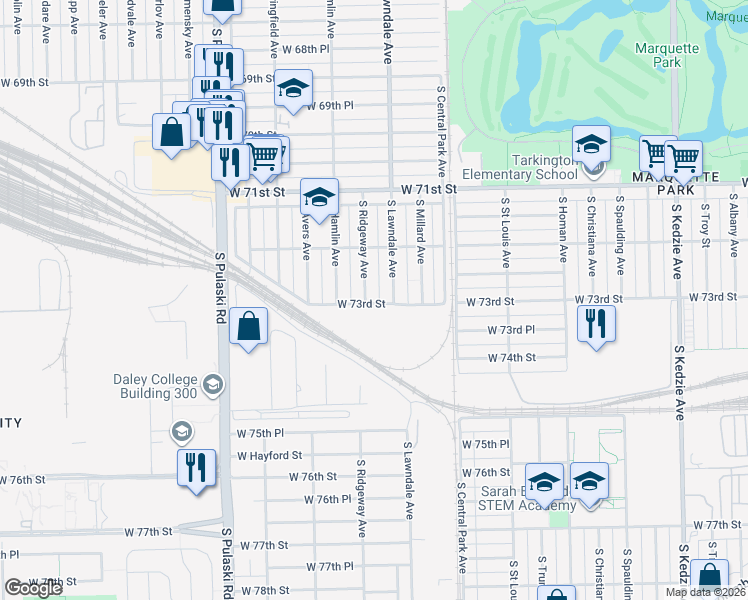 map of restaurants, bars, coffee shops, grocery stores, and more near 3701 West 73rd Street in Chicago