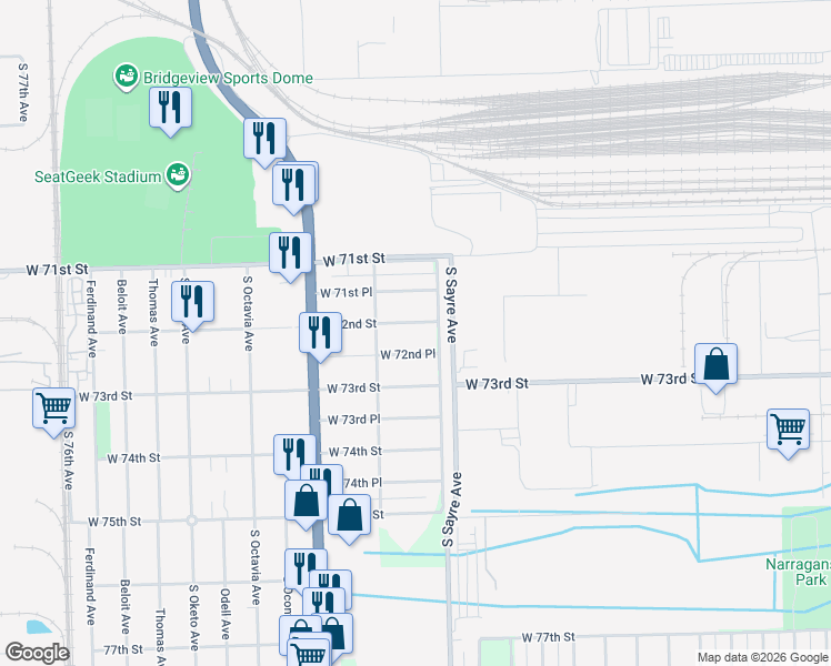 map of restaurants, bars, coffee shops, grocery stores, and more near 7028 West 72nd Place in Chicago