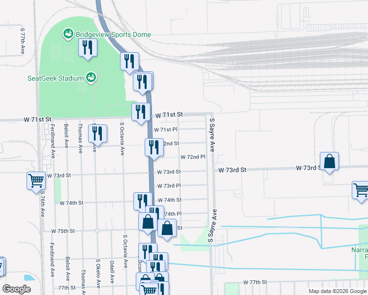 map of restaurants, bars, coffee shops, grocery stores, and more near 7101 West 72nd Place in Chicago