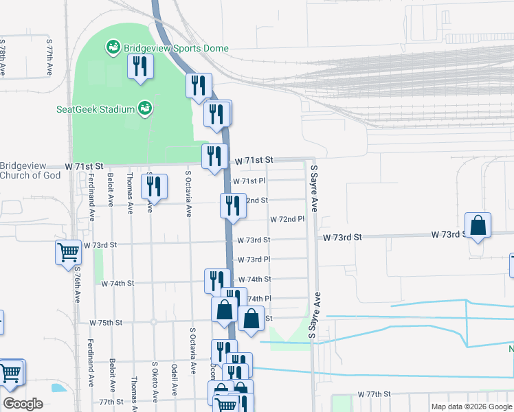 map of restaurants, bars, coffee shops, grocery stores, and more near 7101 West 72nd Place in Chicago