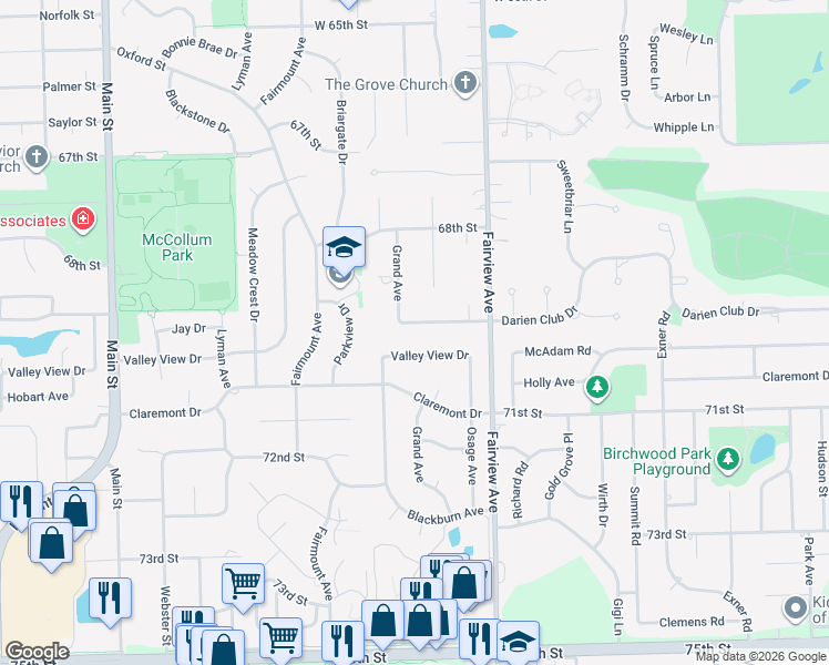 map of restaurants, bars, coffee shops, grocery stores, and more near 501 Valley View Drive in Downers Grove