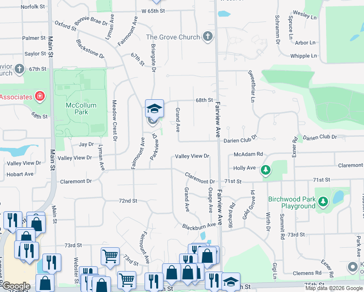 map of restaurants, bars, coffee shops, grocery stores, and more near 531 Valley View Drive in Downers Grove