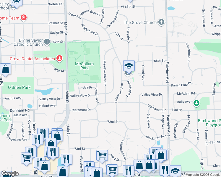 map of restaurants, bars, coffee shops, grocery stores, and more near 6933 Valley View Drive in Downers Grove