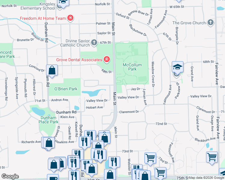 map of restaurants, bars, coffee shops, grocery stores, and more near 961 Valley View Drive in Downers Grove