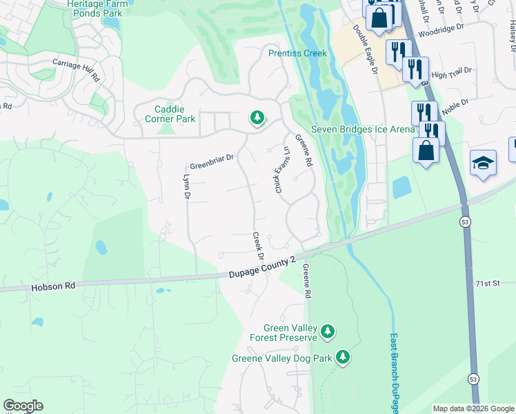 map of restaurants, bars, coffee shops, grocery stores, and more near in DuPage County
