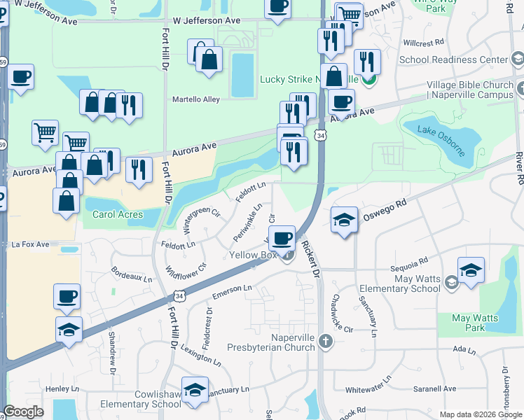 map of restaurants, bars, coffee shops, grocery stores, and more near 752 Violet Circle in Naperville