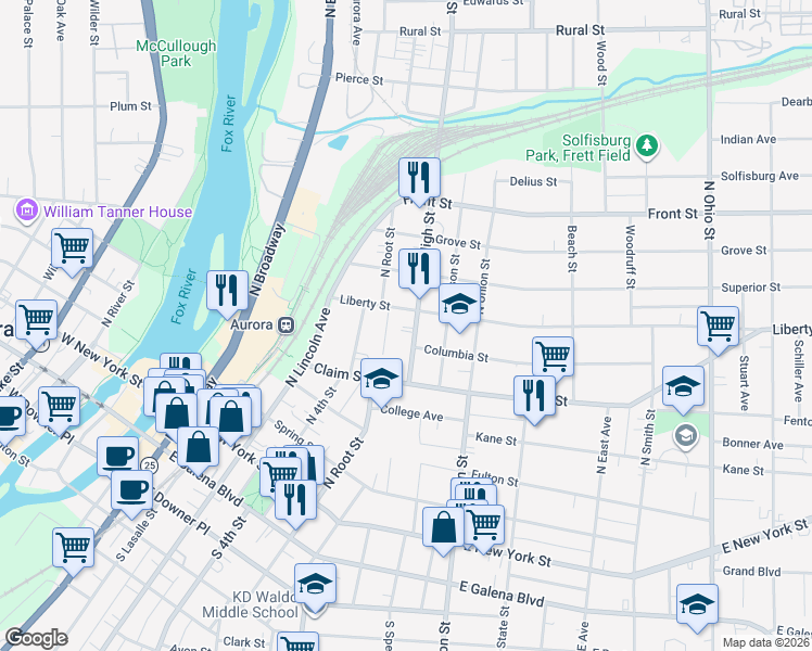 map of restaurants, bars, coffee shops, grocery stores, and more near 226 High Street in Aurora