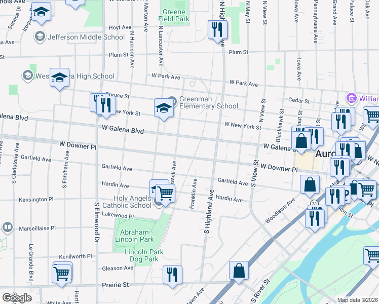 map of restaurants, bars, coffee shops, grocery stores, and more near 646 West Downer Place in Aurora