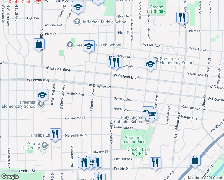 map of restaurants, bars, coffee shops, grocery stores, and more near 935 Garfield Avenue in Aurora