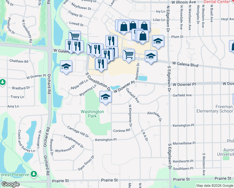 map of restaurants, bars, coffee shops, grocery stores, and more near 2121 School House Lane in Aurora