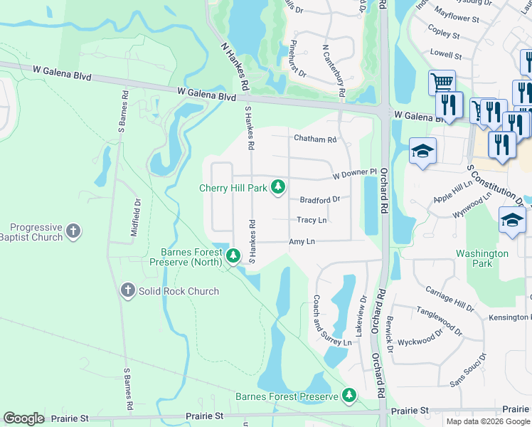 map of restaurants, bars, coffee shops, grocery stores, and more near 94 South Hankes Road in Aurora