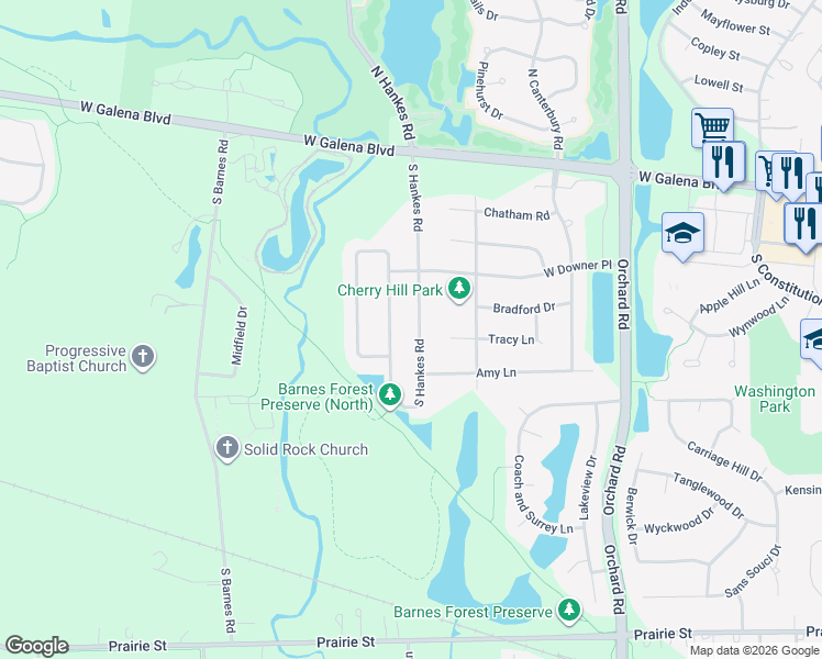 map of restaurants, bars, coffee shops, grocery stores, and more near 96 Blackberry Trail in Aurora