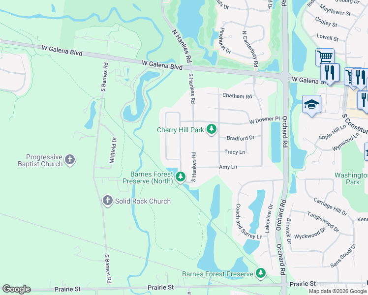map of restaurants, bars, coffee shops, grocery stores, and more near 96 Blackberry Trail in Aurora