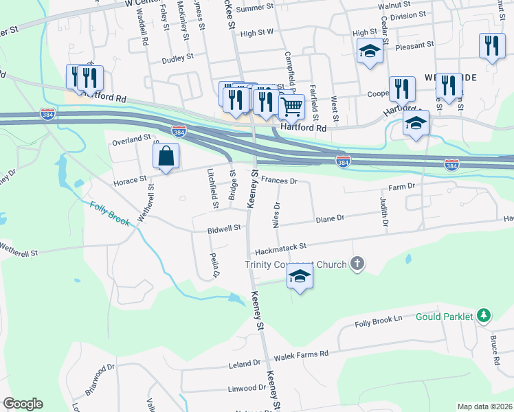 map of restaurants, bars, coffee shops, grocery stores, and more near 67 Keeney Street in Manchester