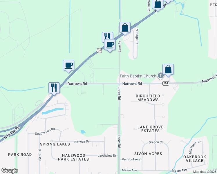 map of restaurants, bars, coffee shops, grocery stores, and more near 2718 Narrows Road in Painesville