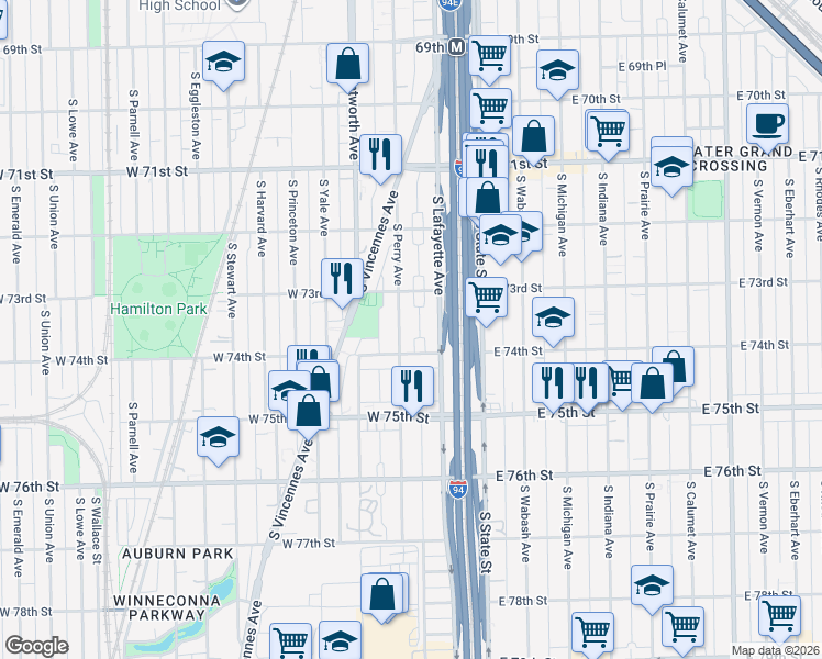map of restaurants, bars, coffee shops, grocery stores, and more near 55 West 74th Street in Chicago