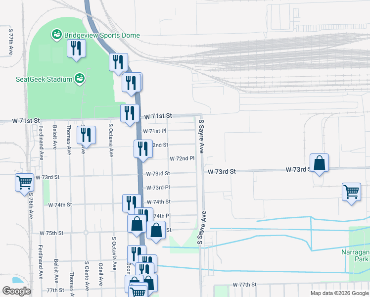 map of restaurants, bars, coffee shops, grocery stores, and more near 7028 West 72nd Place in Chicago