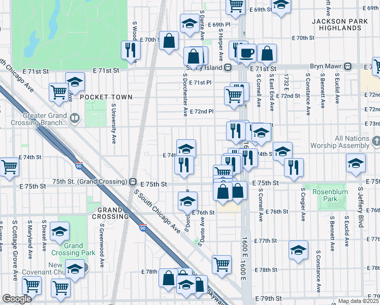 map of restaurants, bars, coffee shops, grocery stores, and more near 7357 South Dorchester Avenue in Chicago