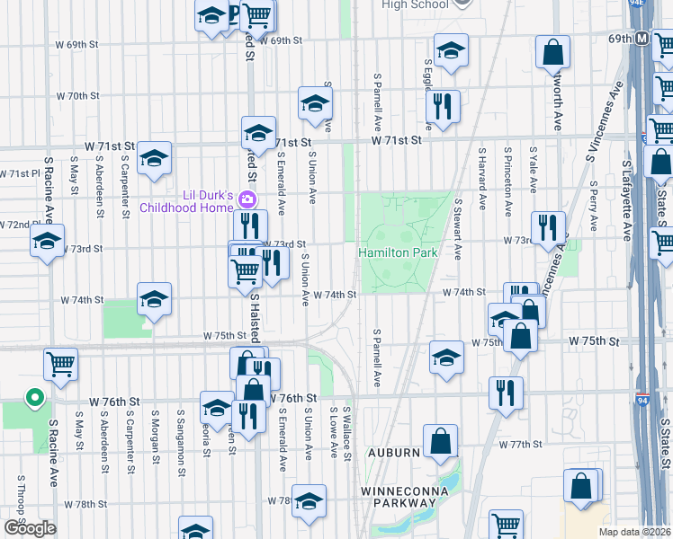 map of restaurants, bars, coffee shops, grocery stores, and more near 7329 South Lowe Avenue in Chicago