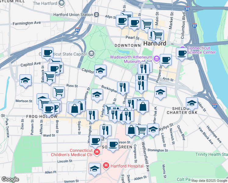 map of restaurants, bars, coffee shops, grocery stores, and more near 213 Buckingham Street in Hartford