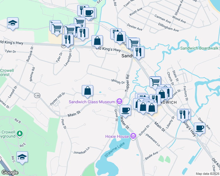map of restaurants, bars, coffee shops, grocery stores, and more near 125 Main Street in Sandwich