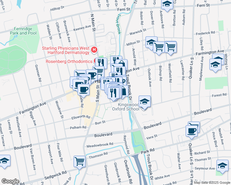 map of restaurants, bars, coffee shops, grocery stores, and more near in West Hartford