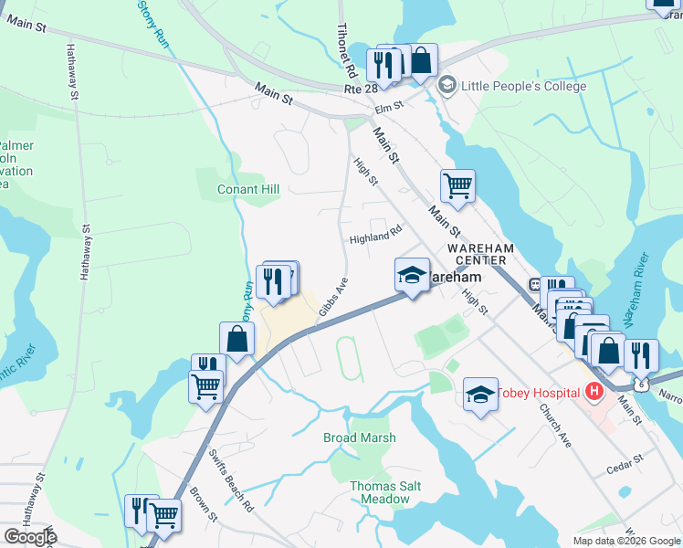 map of restaurants, bars, coffee shops, grocery stores, and more near 103 Gibbs Avenue in Wareham