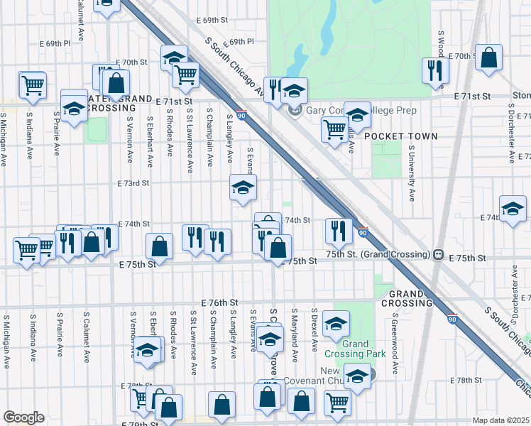 map of restaurants, bars, coffee shops, grocery stores, and more near 7318 South Cottage Grove Avenue in Chicago