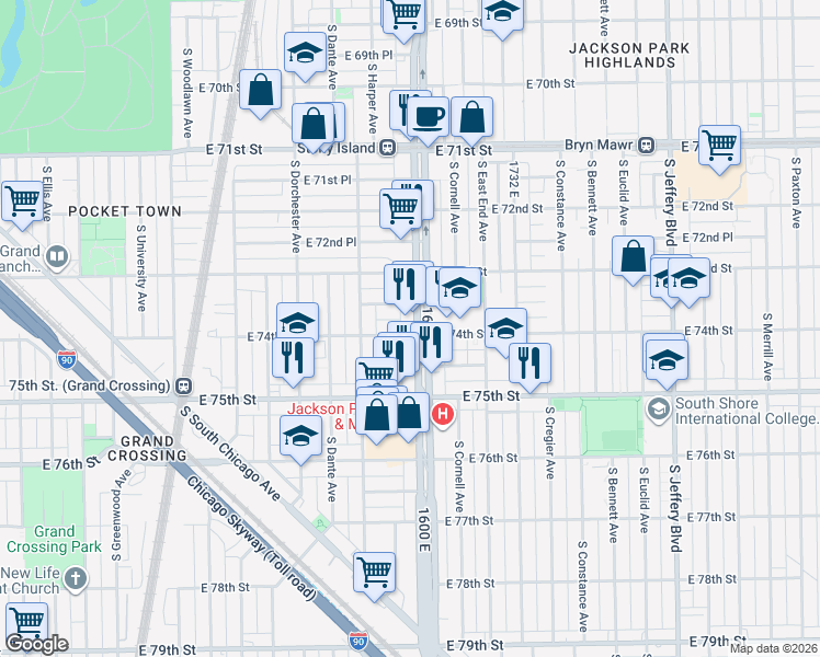 map of restaurants, bars, coffee shops, grocery stores, and more near 1598 East 73rd Place in Chicago