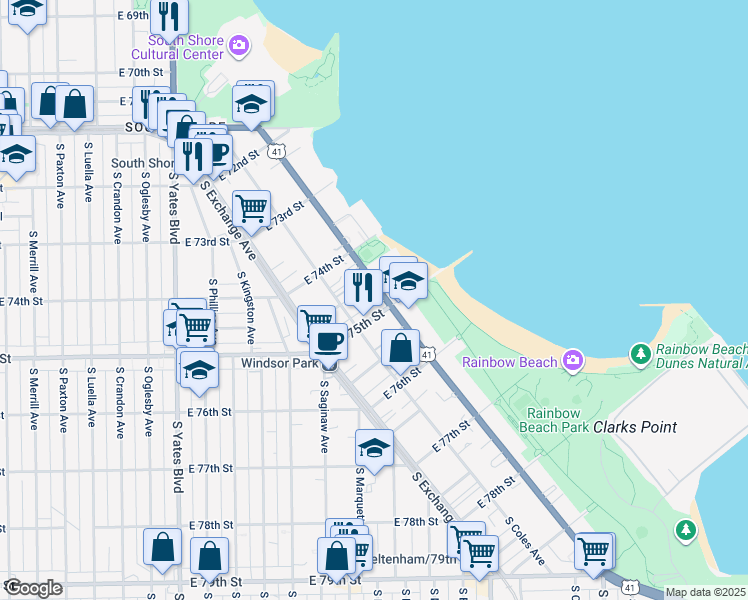 map of restaurants, bars, coffee shops, grocery stores, and more near 7432 South South Shore Drive in Chicago