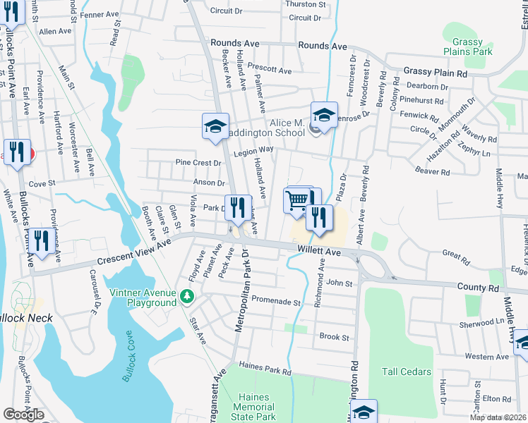 map of restaurants, bars, coffee shops, grocery stores, and more near 165 Holland Avenue in East Providence