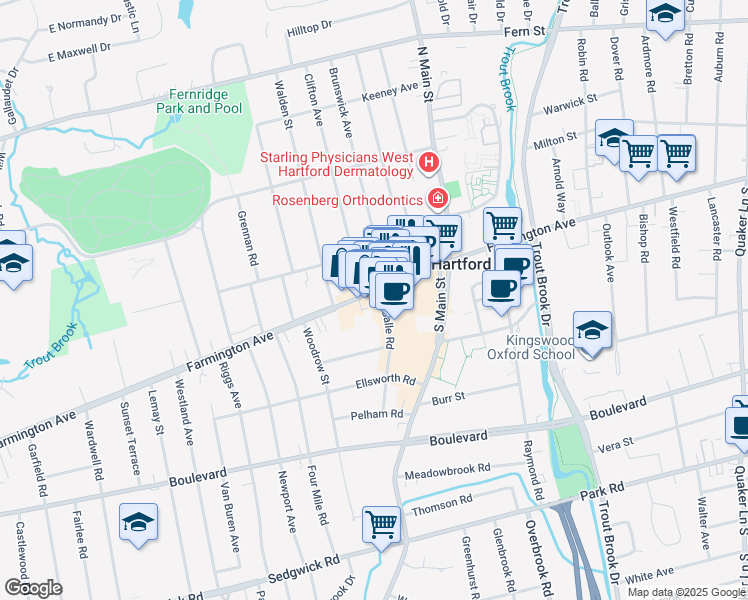 map of restaurants, bars, coffee shops, grocery stores, and more near 44 Dale Street in West Hartford