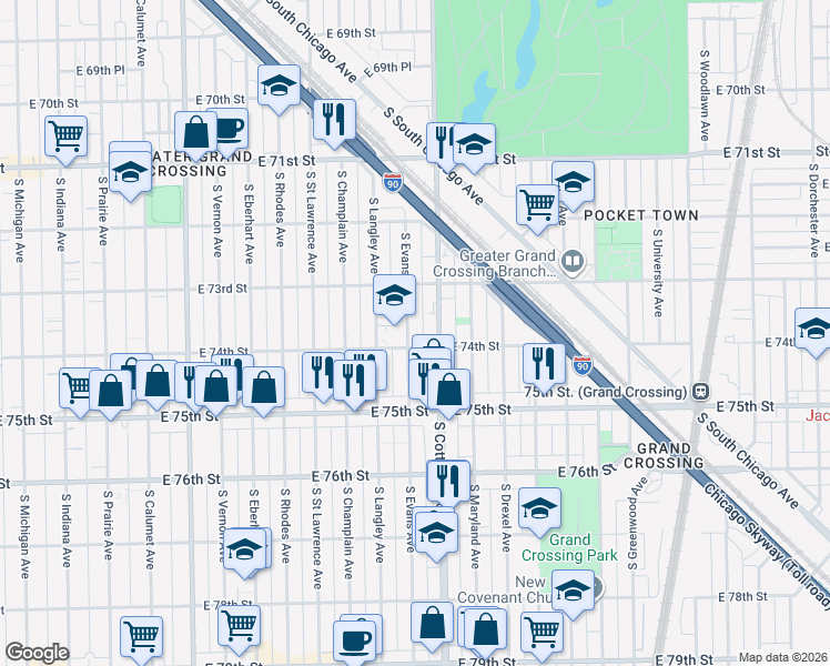 map of restaurants, bars, coffee shops, grocery stores, and more near 7318 South Cottage Grove Avenue in Chicago
