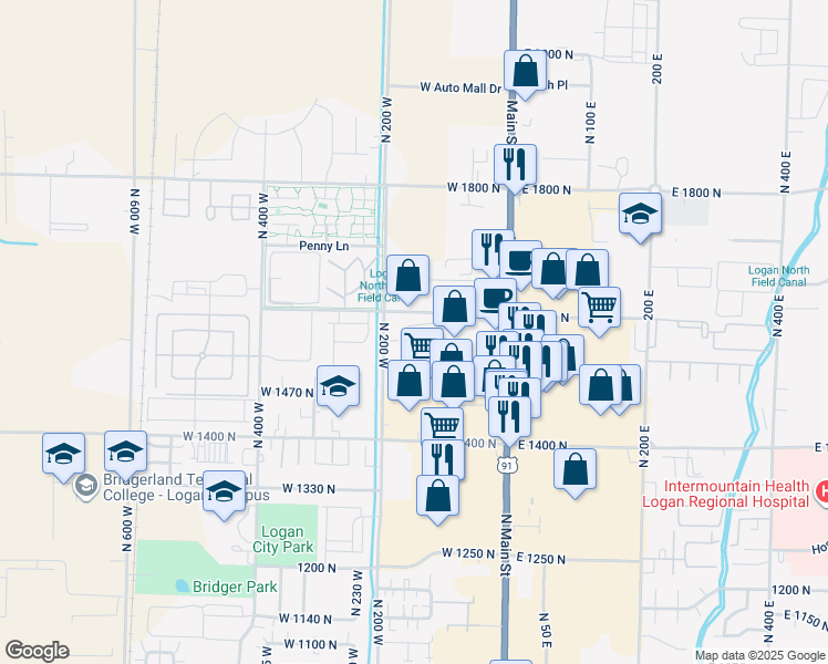 map of restaurants, bars, coffee shops, grocery stores, and more near 1593 North 160 West in Logan