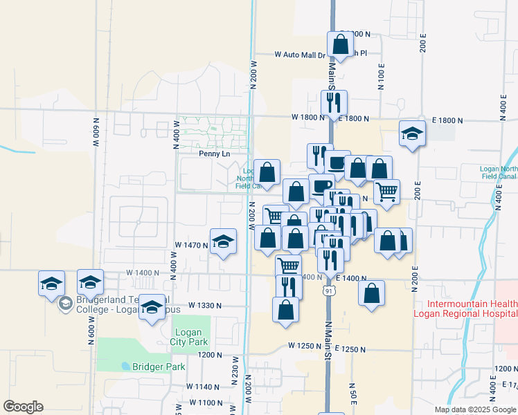 map of restaurants, bars, coffee shops, grocery stores, and more near 1593 North 160 West in Logan