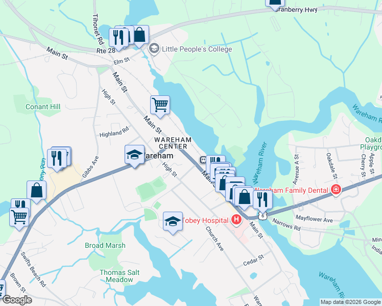 map of restaurants, bars, coffee shops, grocery stores, and more near 337 Main Street in Wareham