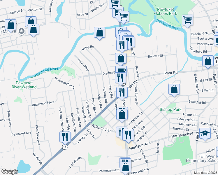 map of restaurants, bars, coffee shops, grocery stores, and more near 194 Holmes Road in Warwick