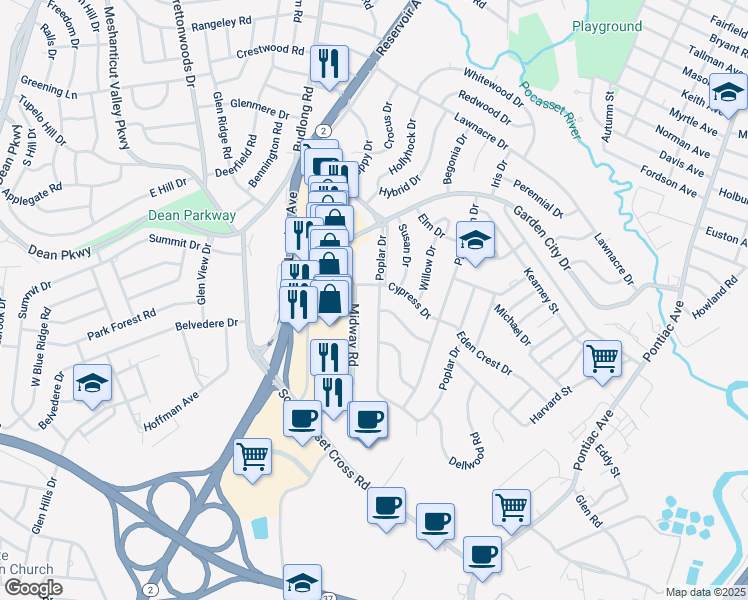 map of restaurants, bars, coffee shops, grocery stores, and more near 52 Poplar Drive in Cranston