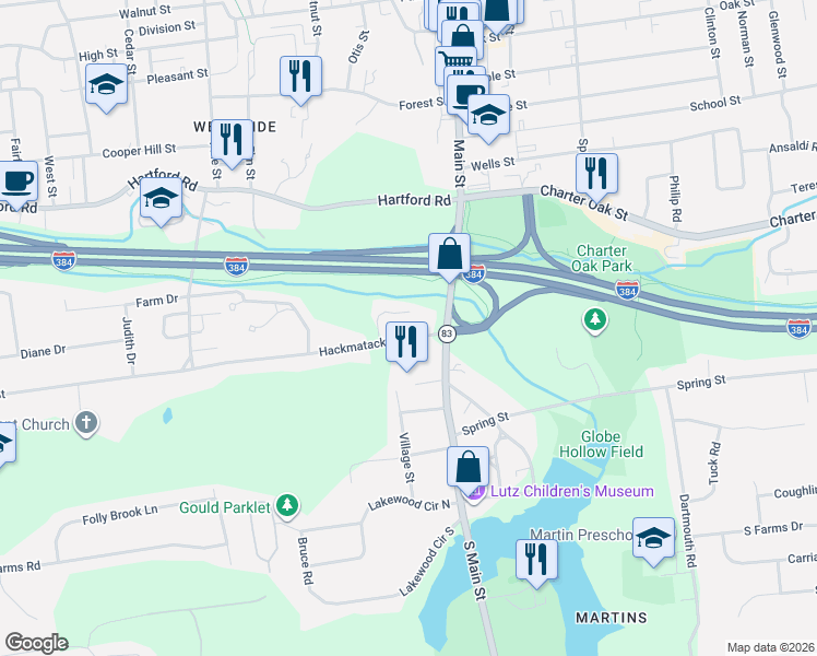 map of restaurants, bars, coffee shops, grocery stores, and more near 82 South Main Street in Manchester