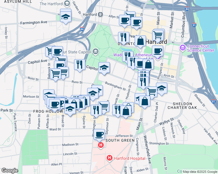 map of restaurants, bars, coffee shops, grocery stores, and more near 165 Capitol Avenue in Hartford